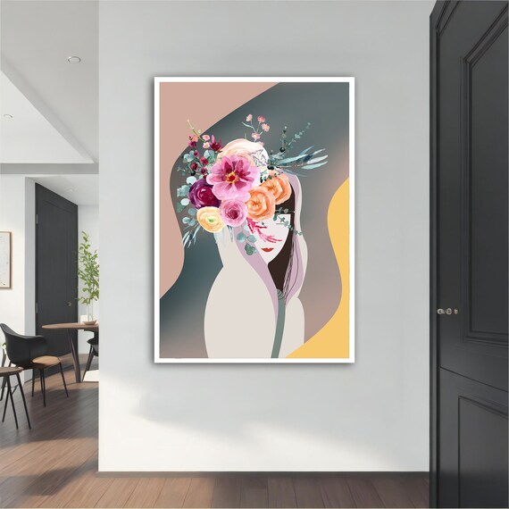 Faceless Woman Flower Bouquet Head Pastel Surreal Portrait Wall Art