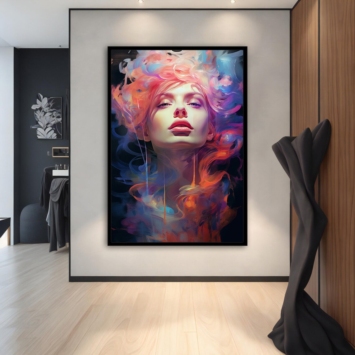 Dreamy Woman Pink Blue Smoke Hair Ethereal Portrait Wall Art Print - Image 3