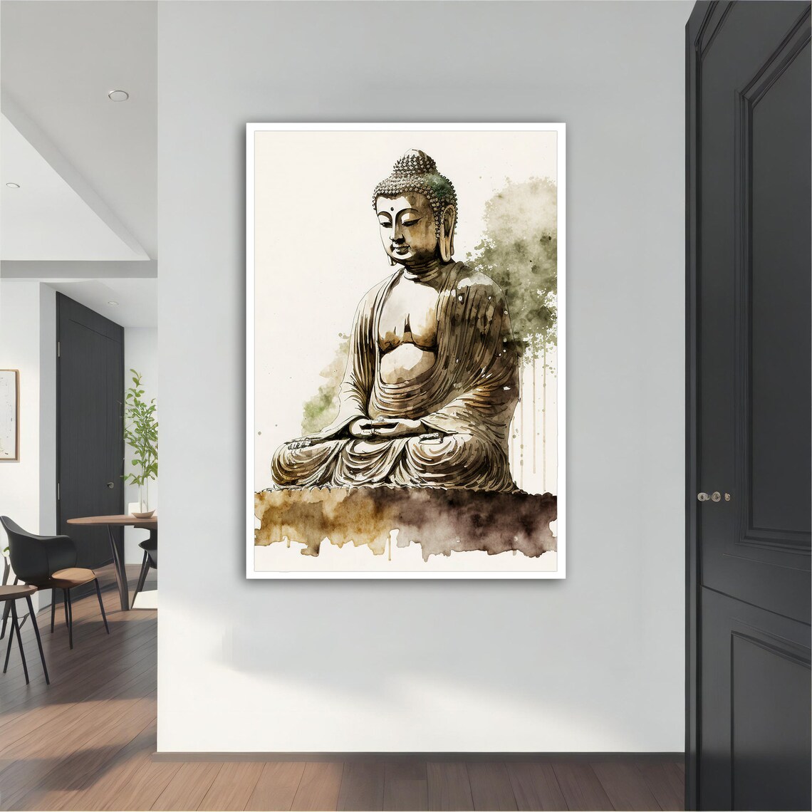 Minimalist Ink Wash Buddha Statue Seated Meditation Green Grey Art Poster