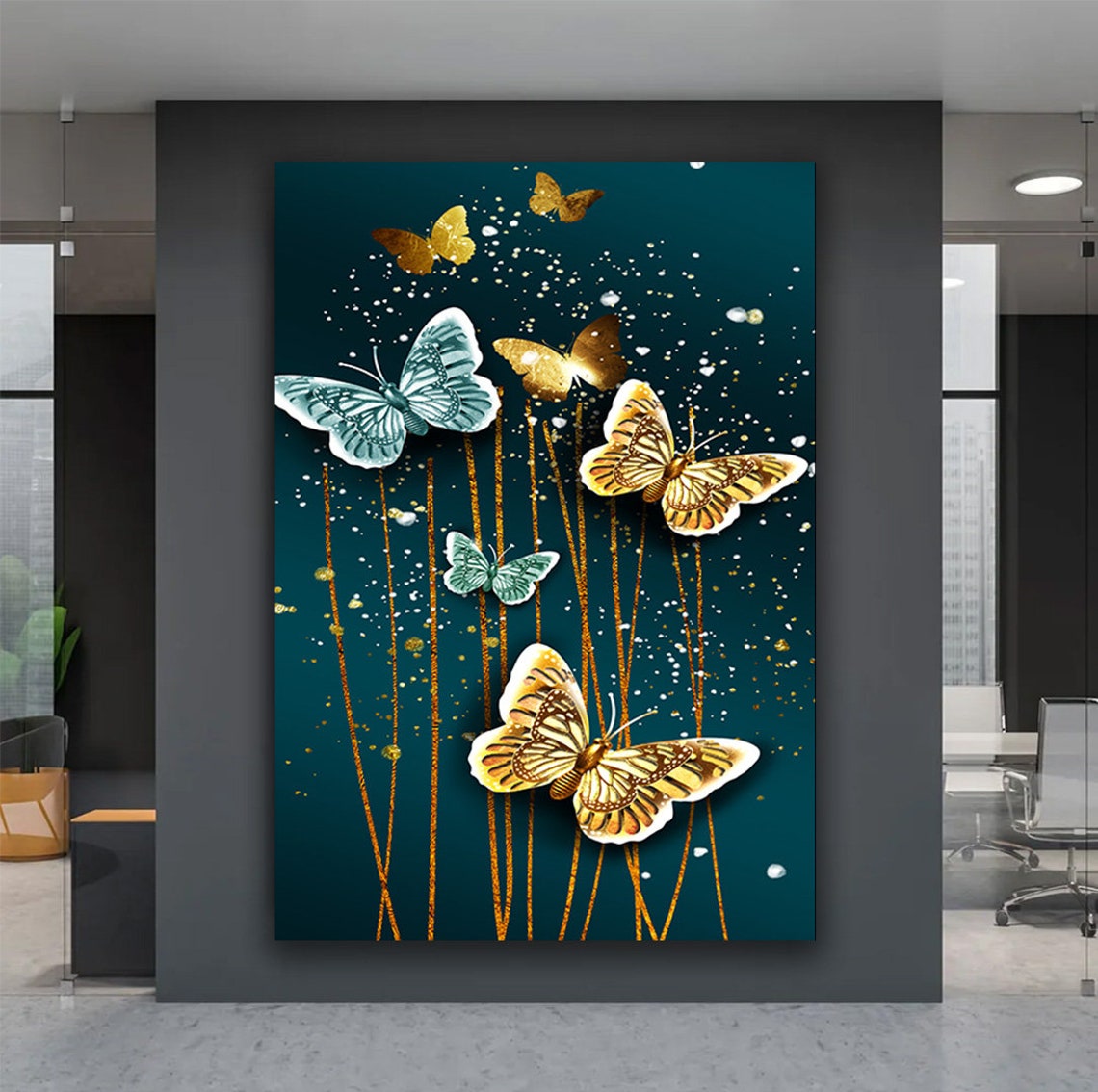 Gold and Teal Butterfly Swarm Dark Elegant Chic Modern Art Print