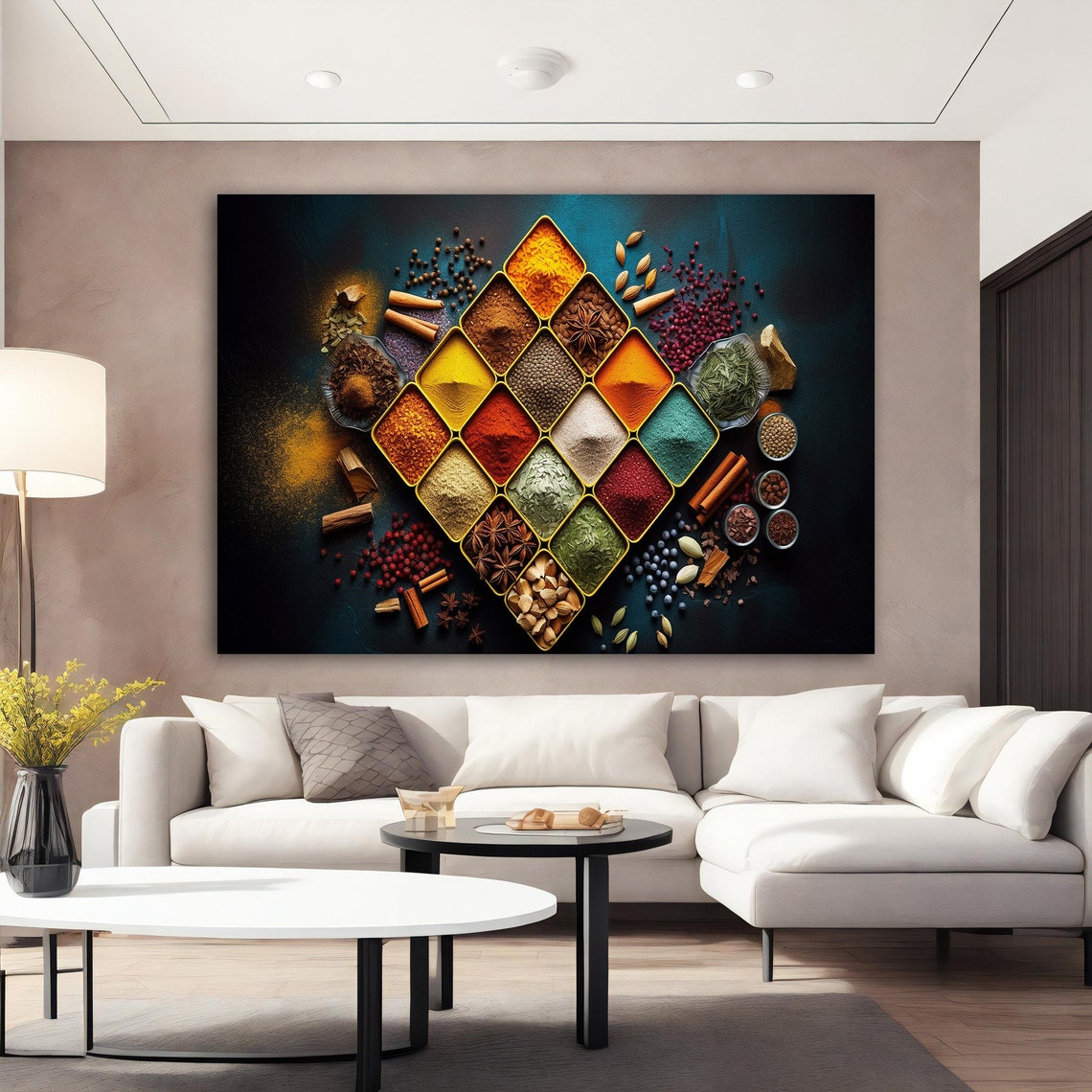 Diamond Pattern of Vibrant Spice Powders with Herbs Top Down Art Print - Image 2