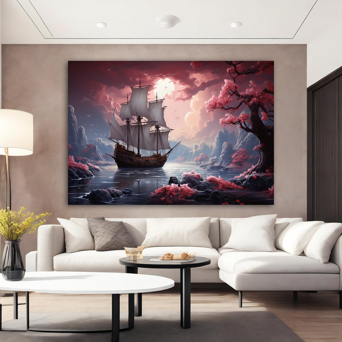 Tall Ship Pink Cherry Blossoms Fantasy Seascape Sail Art Poster - Image 2