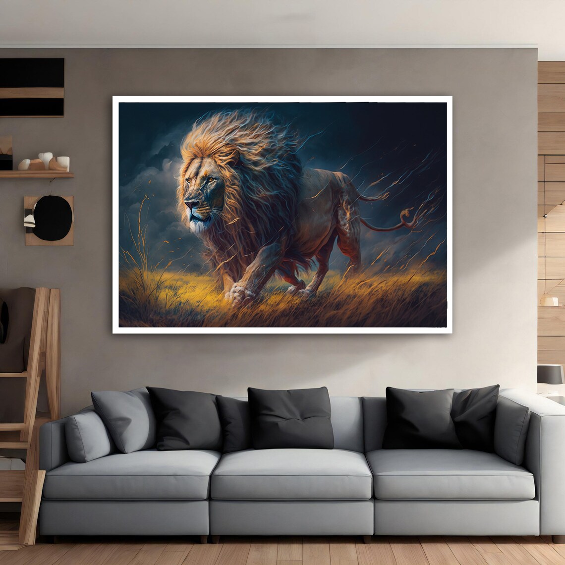 Majestic Lion Running Golden Savanna Night Storm Wildlife Poster - Image 5