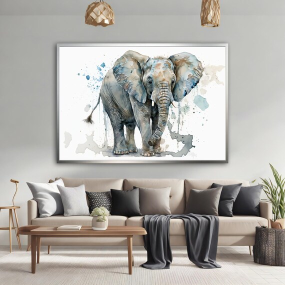 Watercolor Elephant Blue Gray Tones Gentle Wildlife Painting Poster