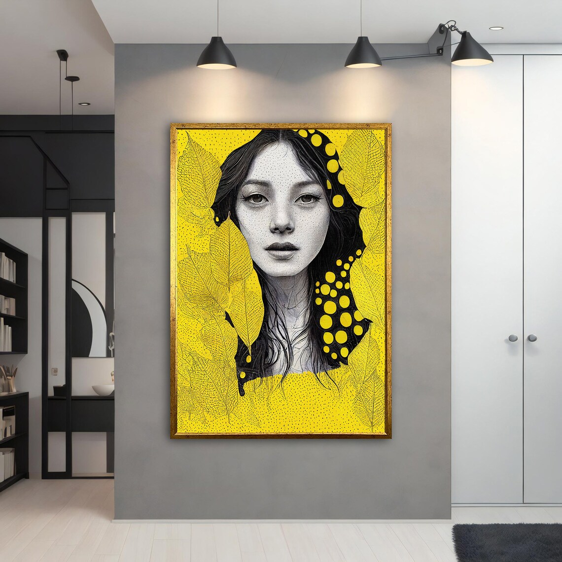 Black White Woman Yellow Leaves Polka Dot Modern Portrait Wall Art - Image 5