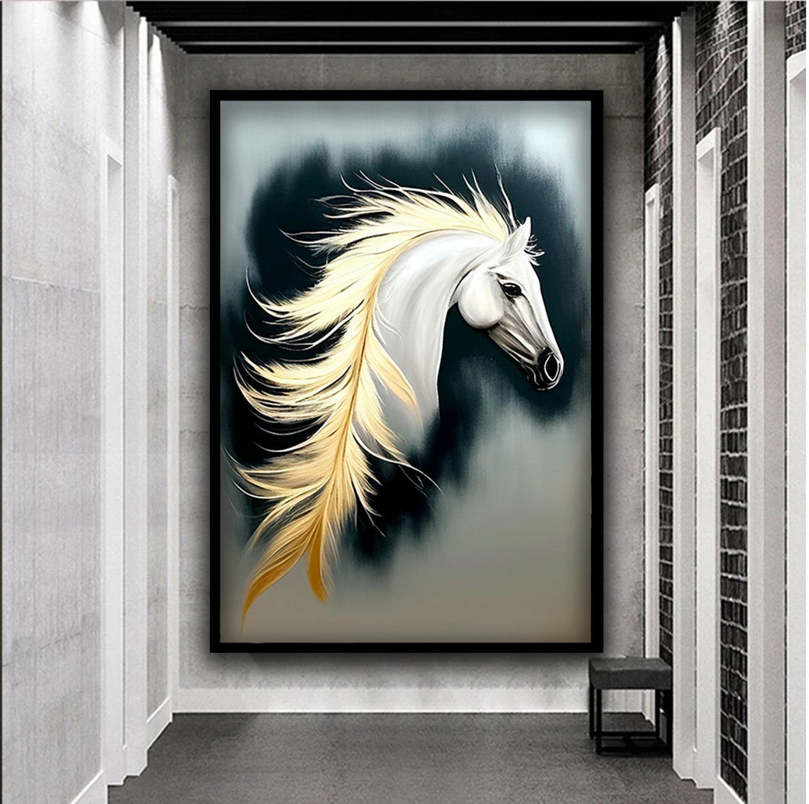 Majestic White Horse with Flowing Golden Mane on Dark Smoke Poster - Image 5
