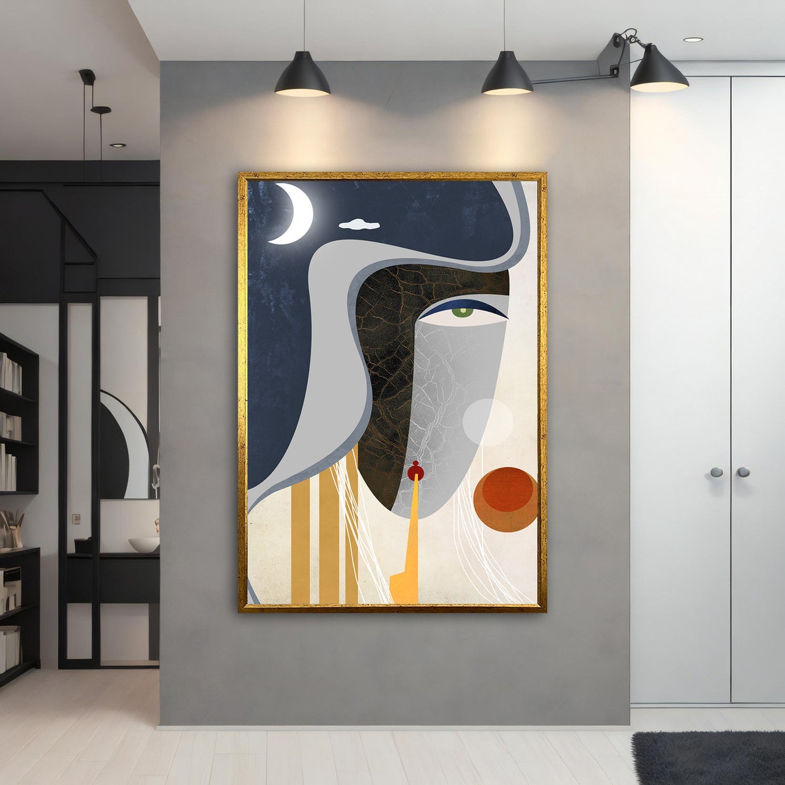 Surreal Moon Face Green Eye Abstract Navy Cream Wall Art Print