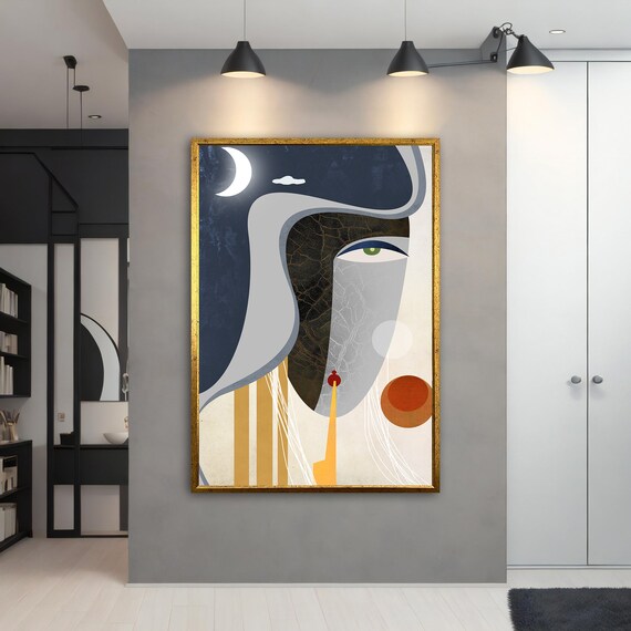 Surreal Moon Face Green Eye Abstract Navy Cream Wall Art Print