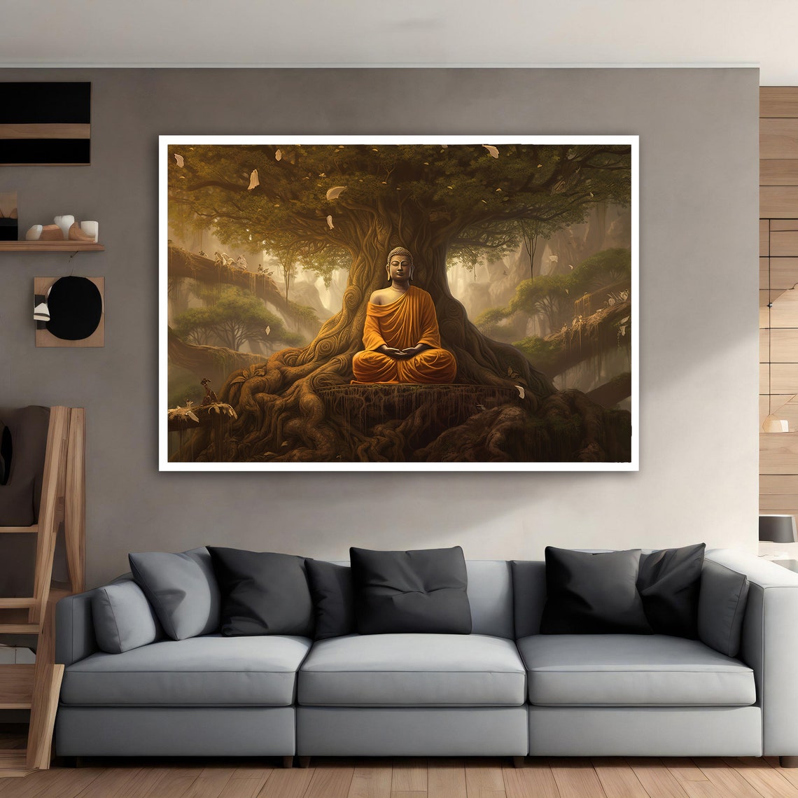 Serene Meditating Buddha Under Bodhi Tree Golden Forest Wall Art - Image 4
