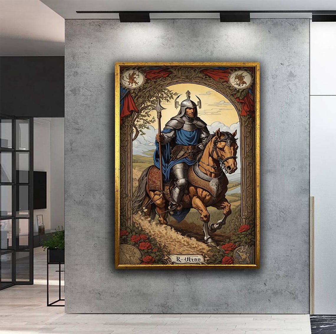 Medieval Knight on Horseback Vintage Tarot Card Style Wall Art - Image 2