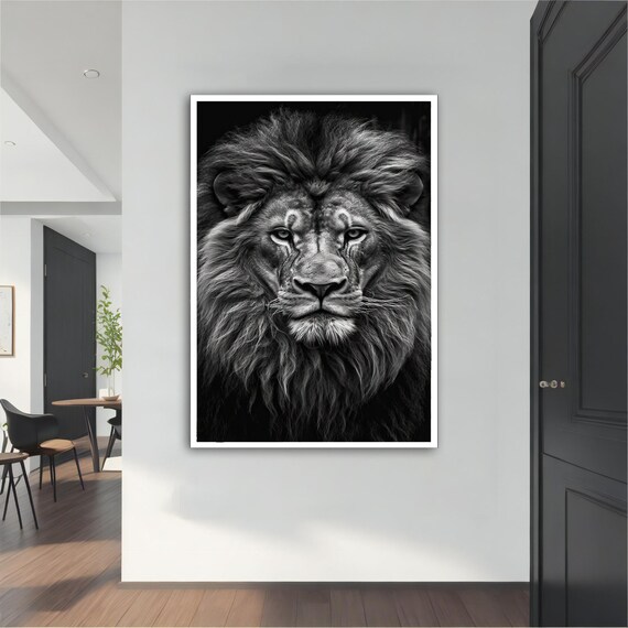 Black And White Lion Portrait Majestic Mane Monochrome Wildlife Art Poster
