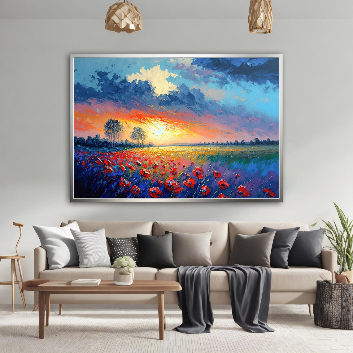 Red Poppy Field Sunset Vibrant Sky Landscape Painting Poster - Image 5
