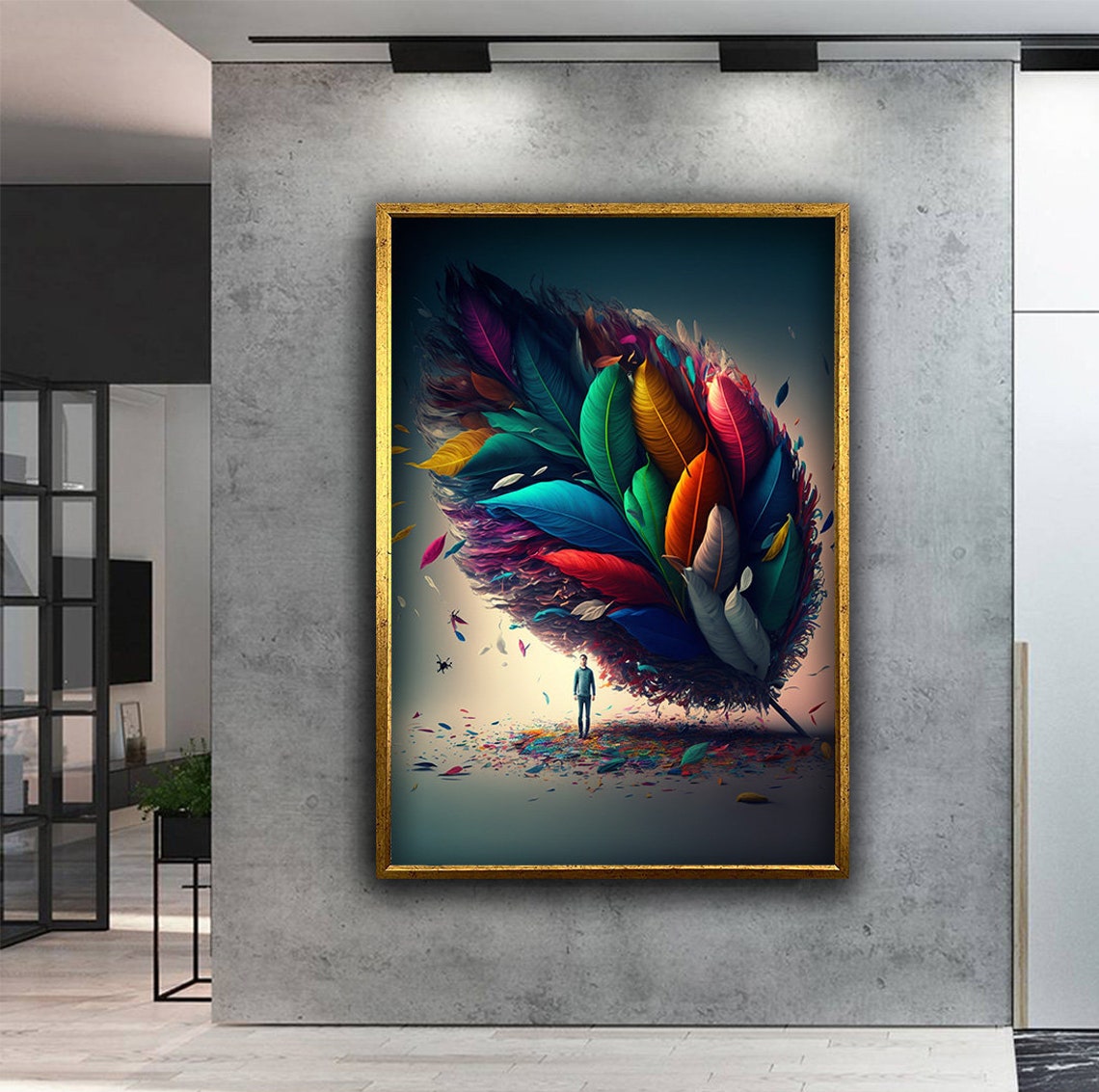 Surreal Giant Feather Bird Dreamlike Colorful Man Beneath Art Poster - Image 2