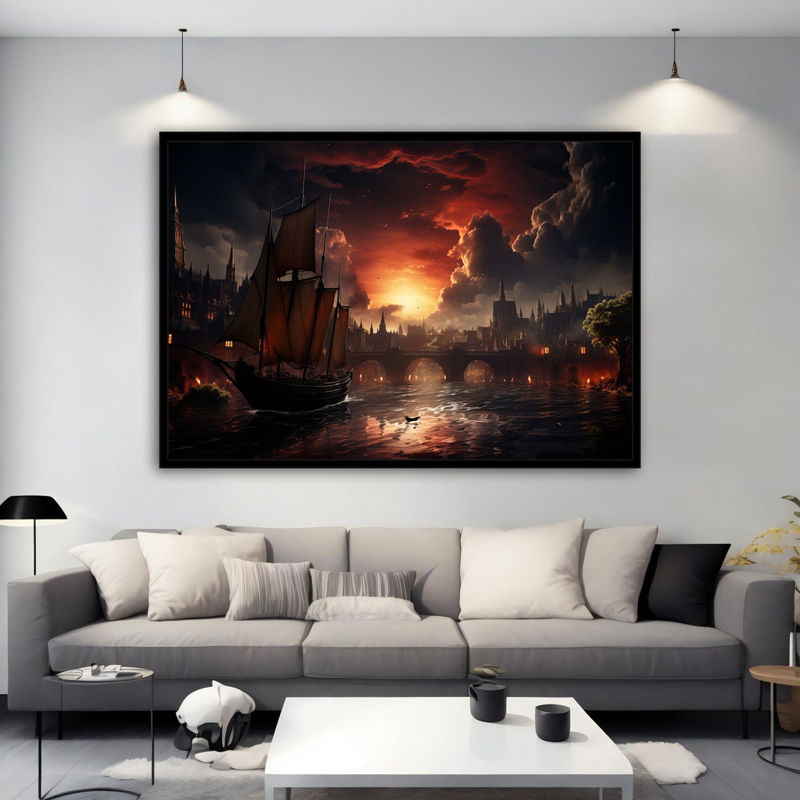 Pirate Ship Sailing Past Burning City at Dramatic Fiery Sunset Poster - Image 5