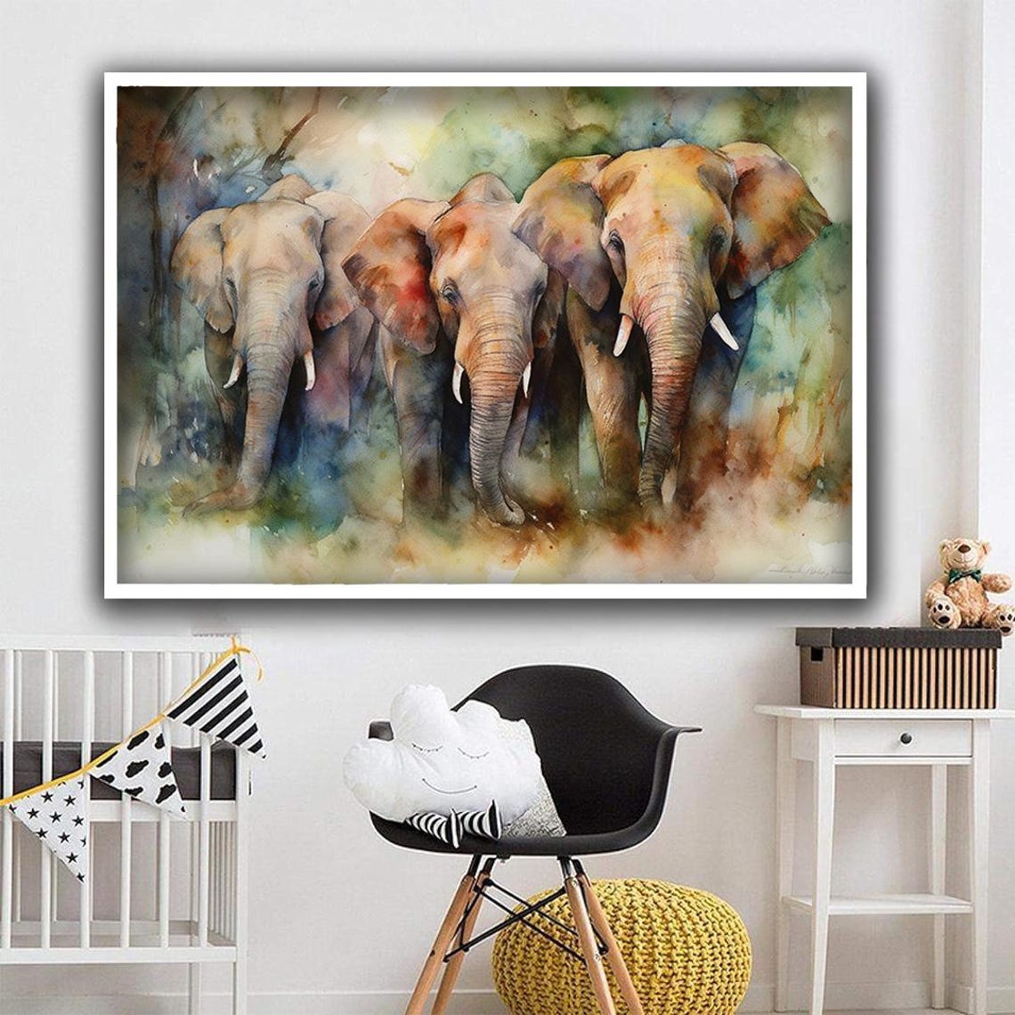 Three Elephants Walking Forward in Soft Watercolor Earth Tones Poster - Image 3