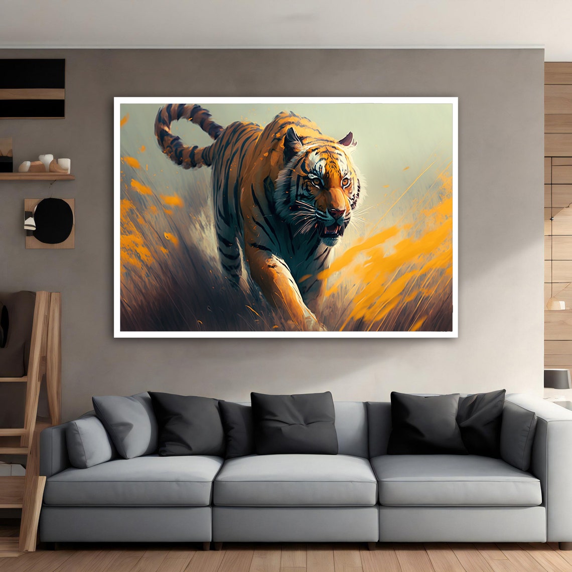 Tiger Walking Golden Grass Dramatic Wildlife Prowl Art Poster