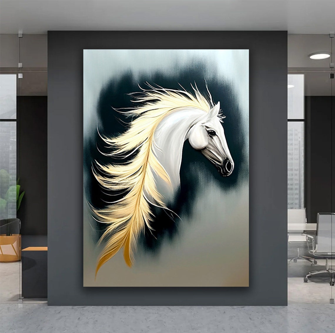 Majestic White Horse with Flowing Golden Mane on Dark Smoke Poster - Image 4