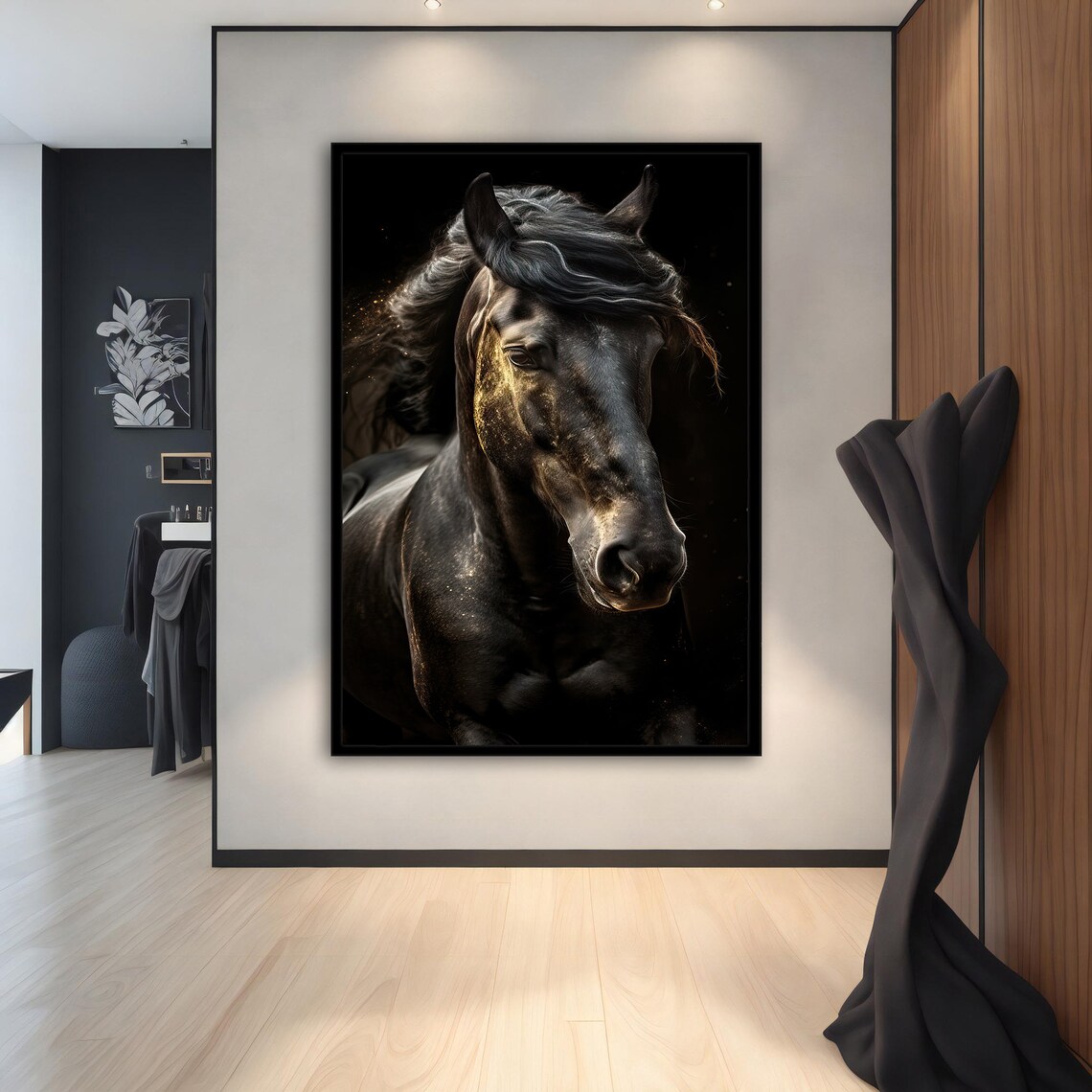 Black Horse Portrait Dark Background Golden Light Animal Poster - Image 2