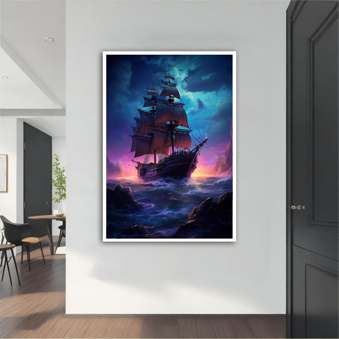 Fantasy Pirate Ship Sunset Epic Purple Sky Ocean Voyage Art Poster
