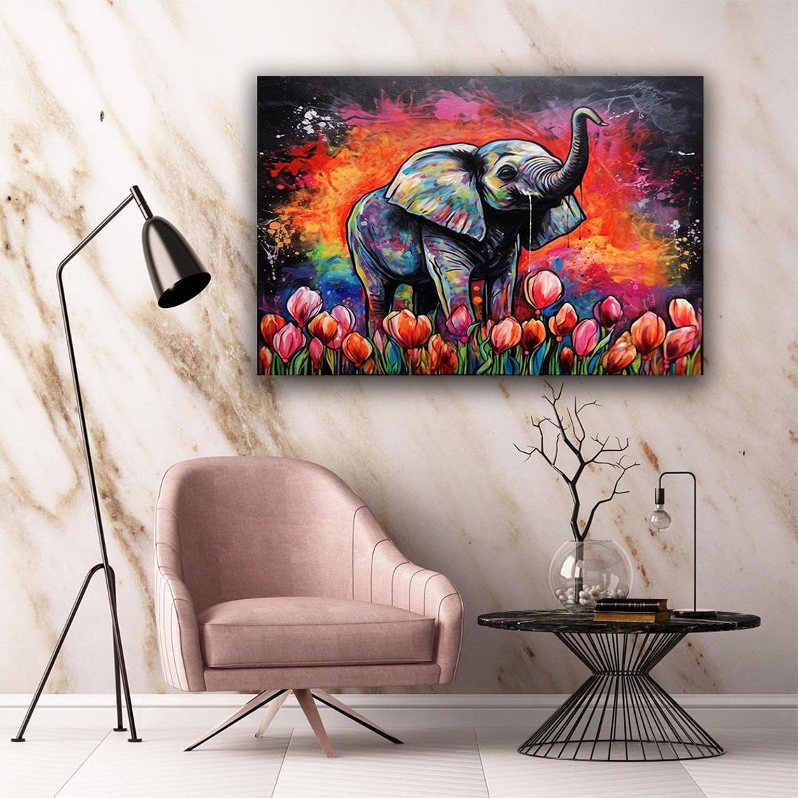 Baby Elephant Among Pink Tulips with Colorful Paint Splashes Poster - Image 2