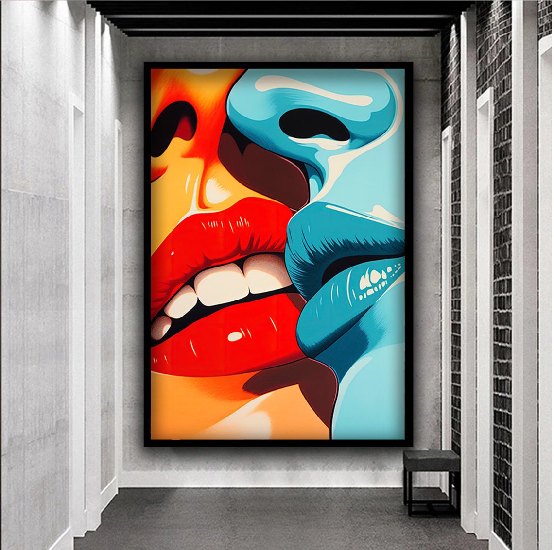 Retro Pop Art Kissing Couple Red Lips Bold Comic Style Wall Poster - Image 5