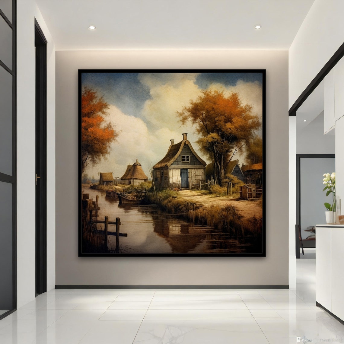 Autumn Village River Thatched Cottages Old Town Fall Art Poster