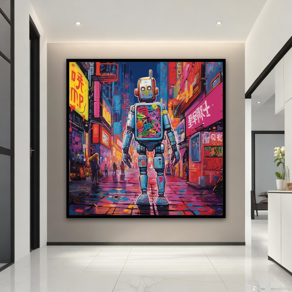 Robot Neon City Night Asian Street Pop Art Colorful Wall Poster