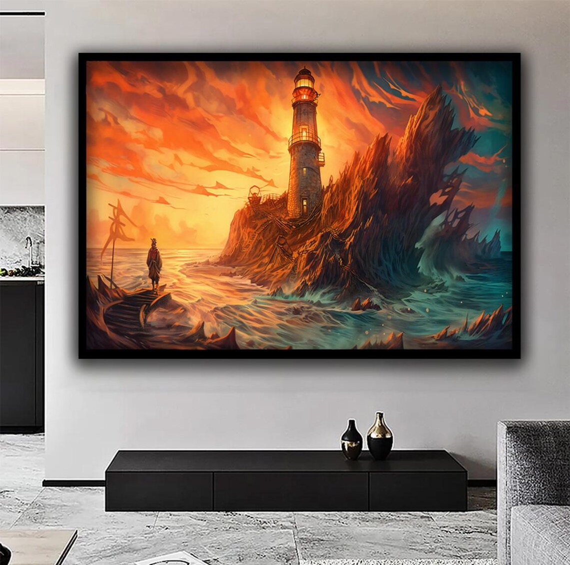 Lighthouse on Rocky Island at Fiery Orange Sunset Coastal Art Poster - Image 2