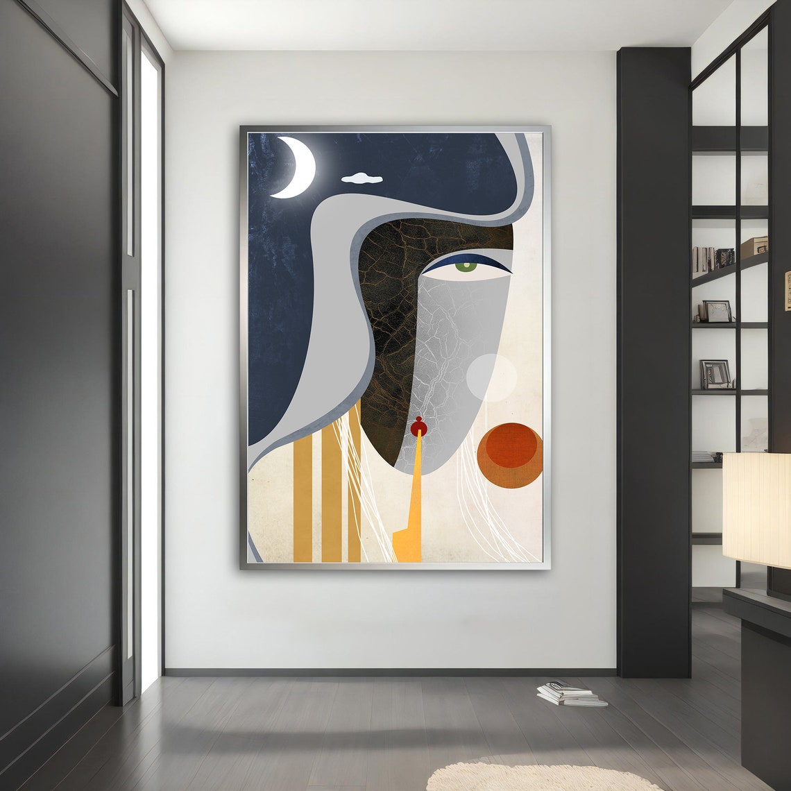 Surreal Moon Face Green Eye Abstract Navy Cream Wall Art Print - Image 4