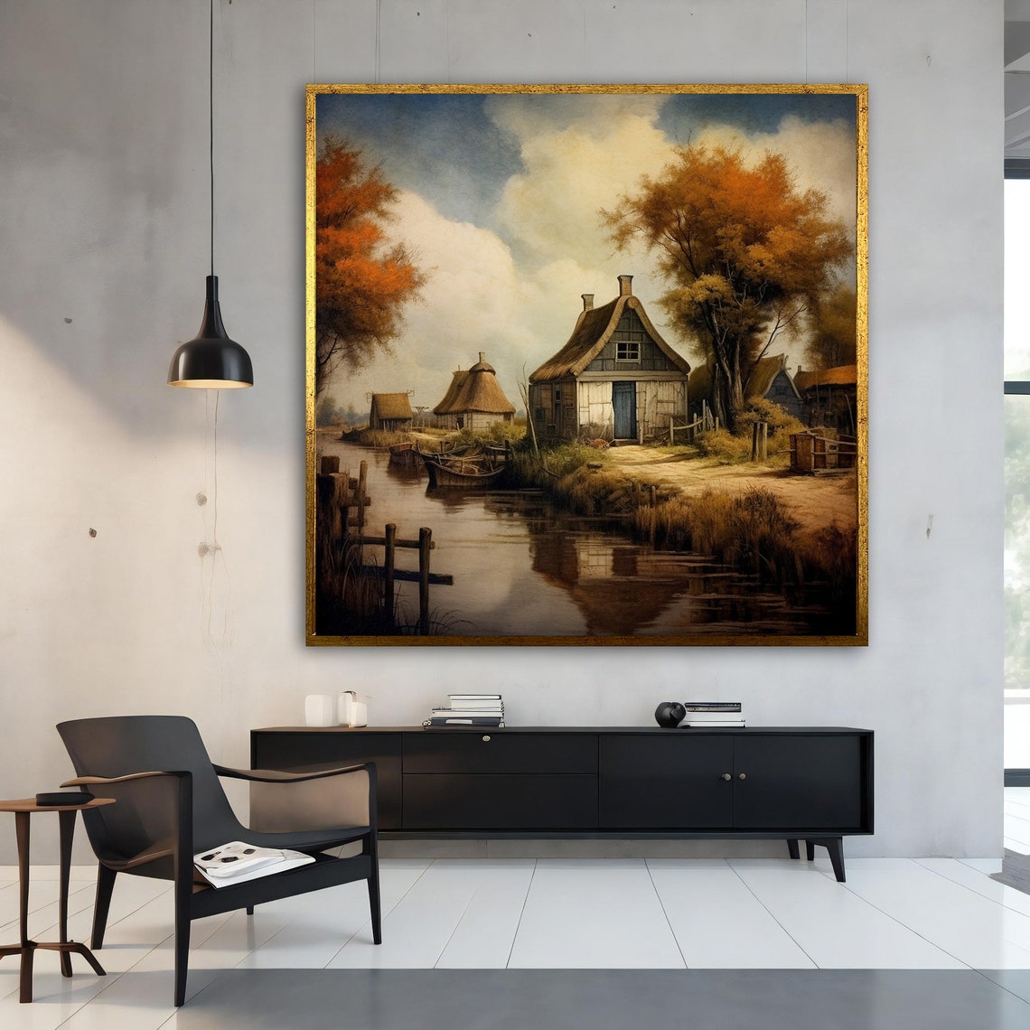 Autumn Village River Thatched Cottages Old Town Fall Art Poster - Image 3