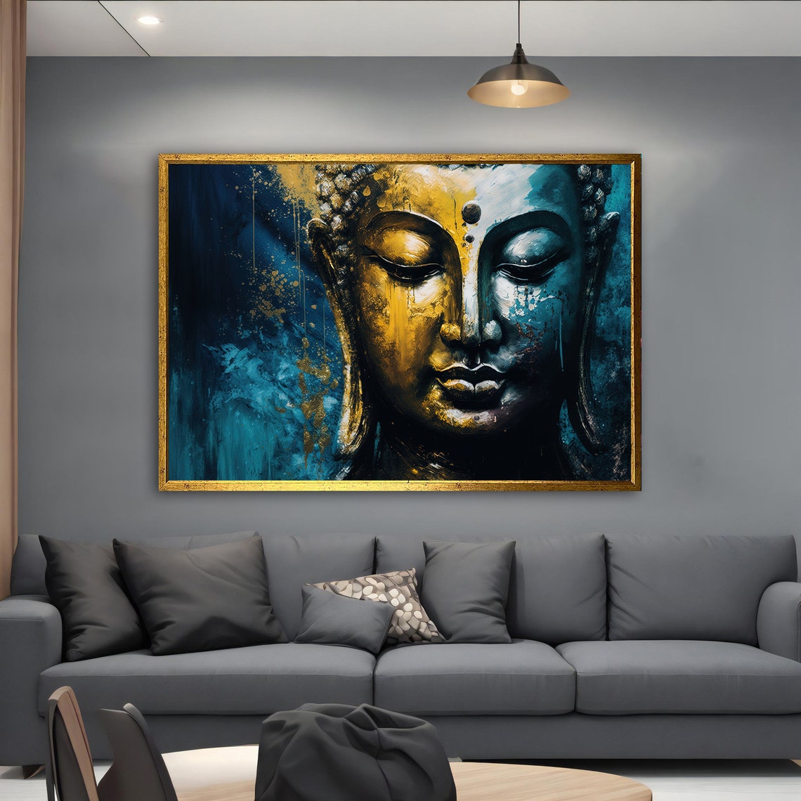 Serene Buddha Face Gold Blue Abstract Calm Meditation Poster - Image 5