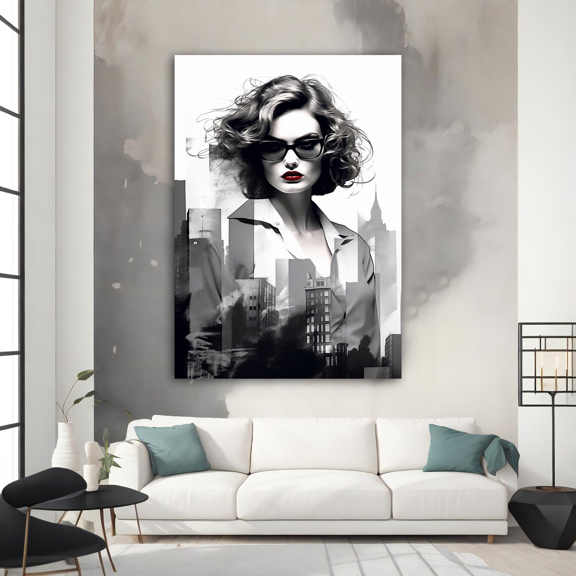 Black and White Woman with Red Lips City Skyline Double Exposure Poster - Image 3