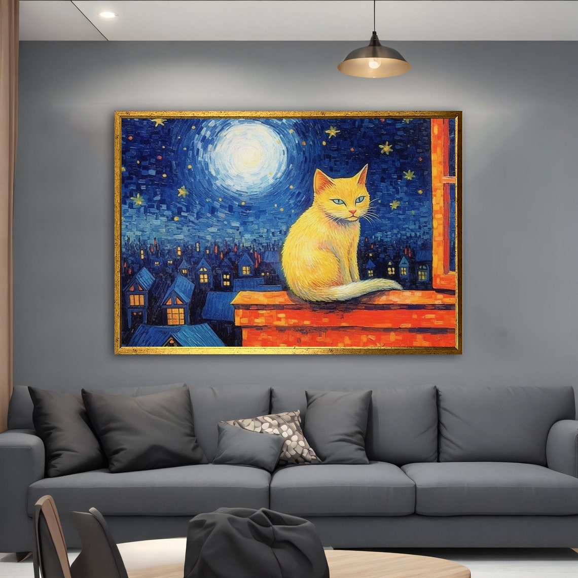 Golden Cat on Rooftop Under Full Moon Starry Night Village Poster - Image 5