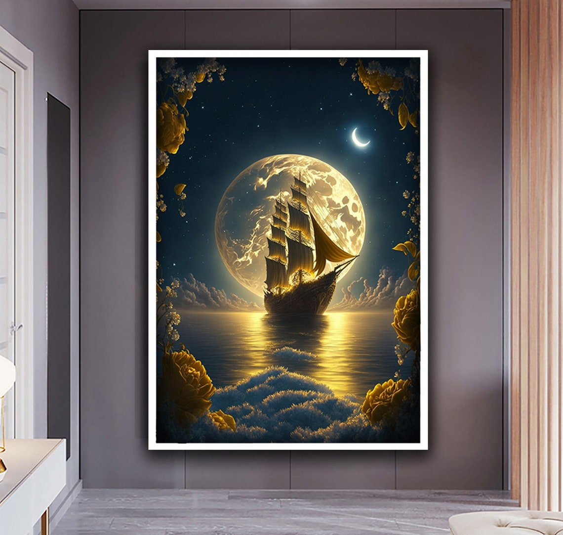 Pirate Ship Sailing Under Giant Golden Full Moon Night Ocean Poster