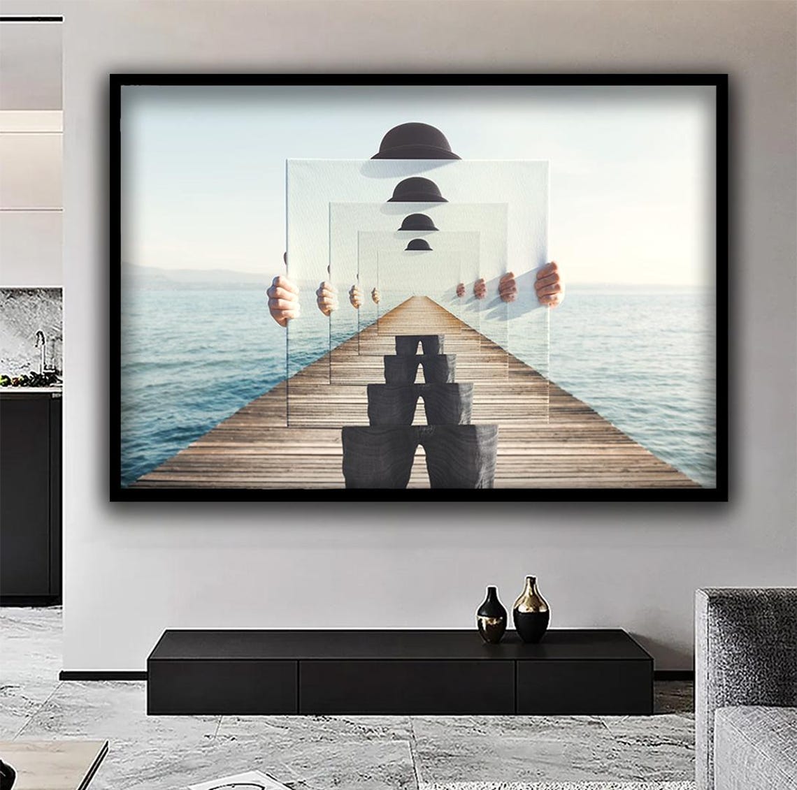 Surreal Man Holding Mirror Optical Illusion Lake Pier Wall Art - Image 2