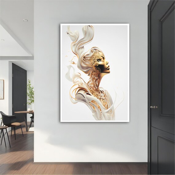 Gold Surreal Woman Profile Ivory Ribbon Luxury Elegant Modern Art Poster