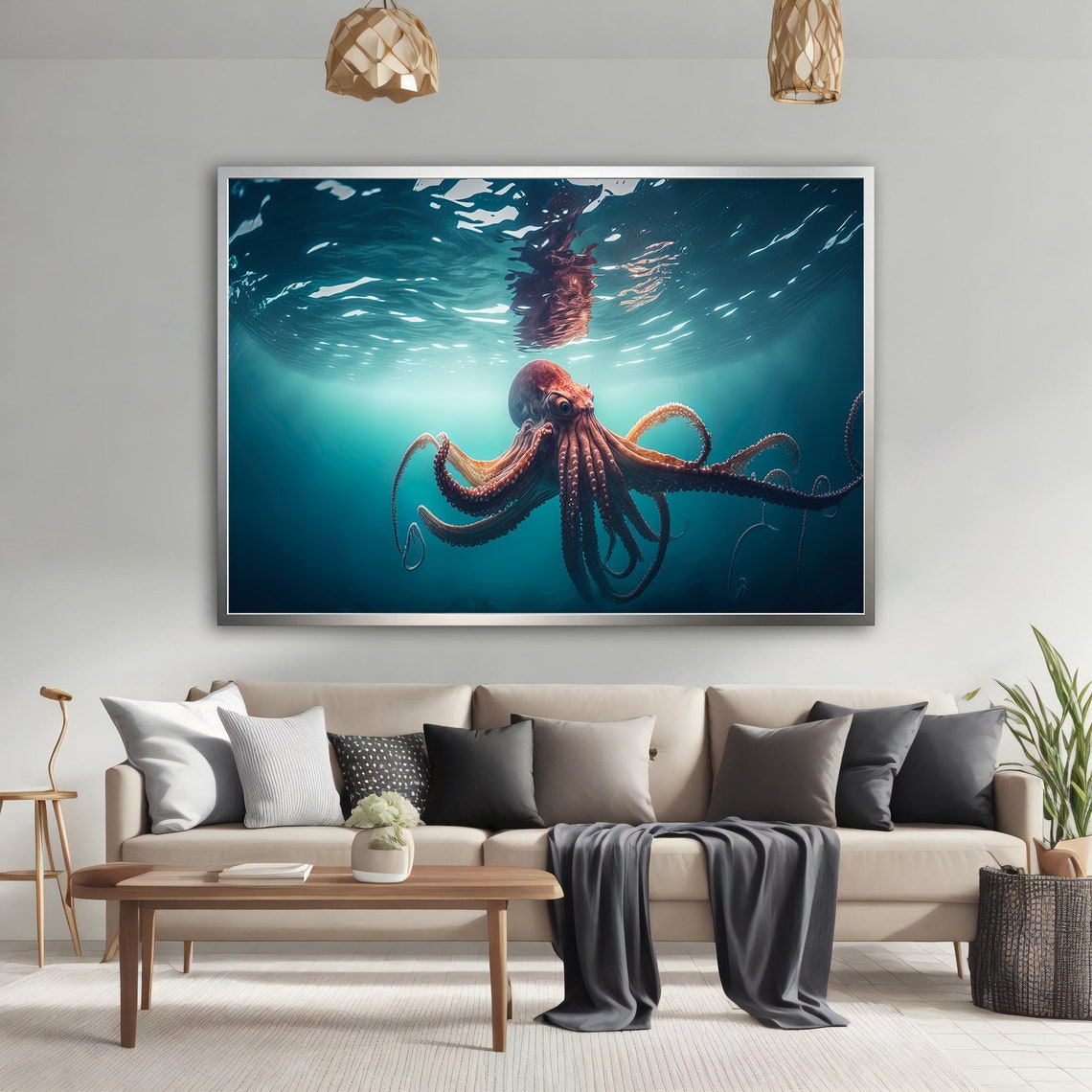 Red Octopus Underwater Deep Blue Ocean Sea Life Wall Art Poster - Image 3