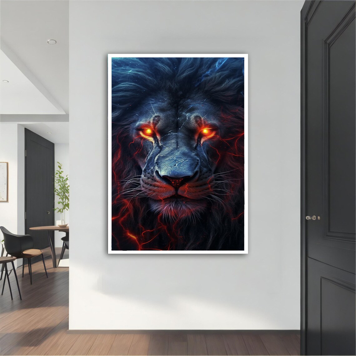 Dark Fierce Lion Glowing Orange Eyes Lava Mane Fantasy Beast Art Poster