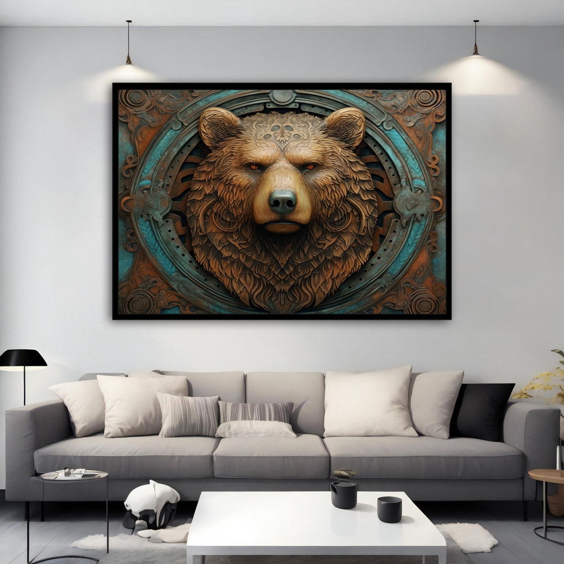 Steampunk Bear Head Medallion Copper Teal Ornate Wildlife Art Poster - Image 3