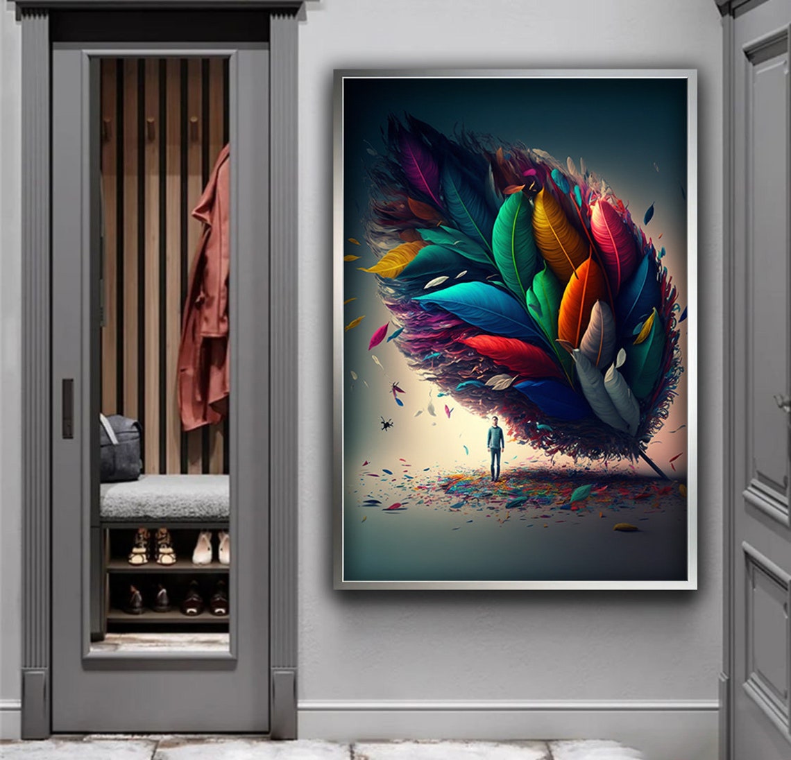 Surreal Giant Feather Bird Dreamlike Colorful Man Beneath Art Poster - Image 5
