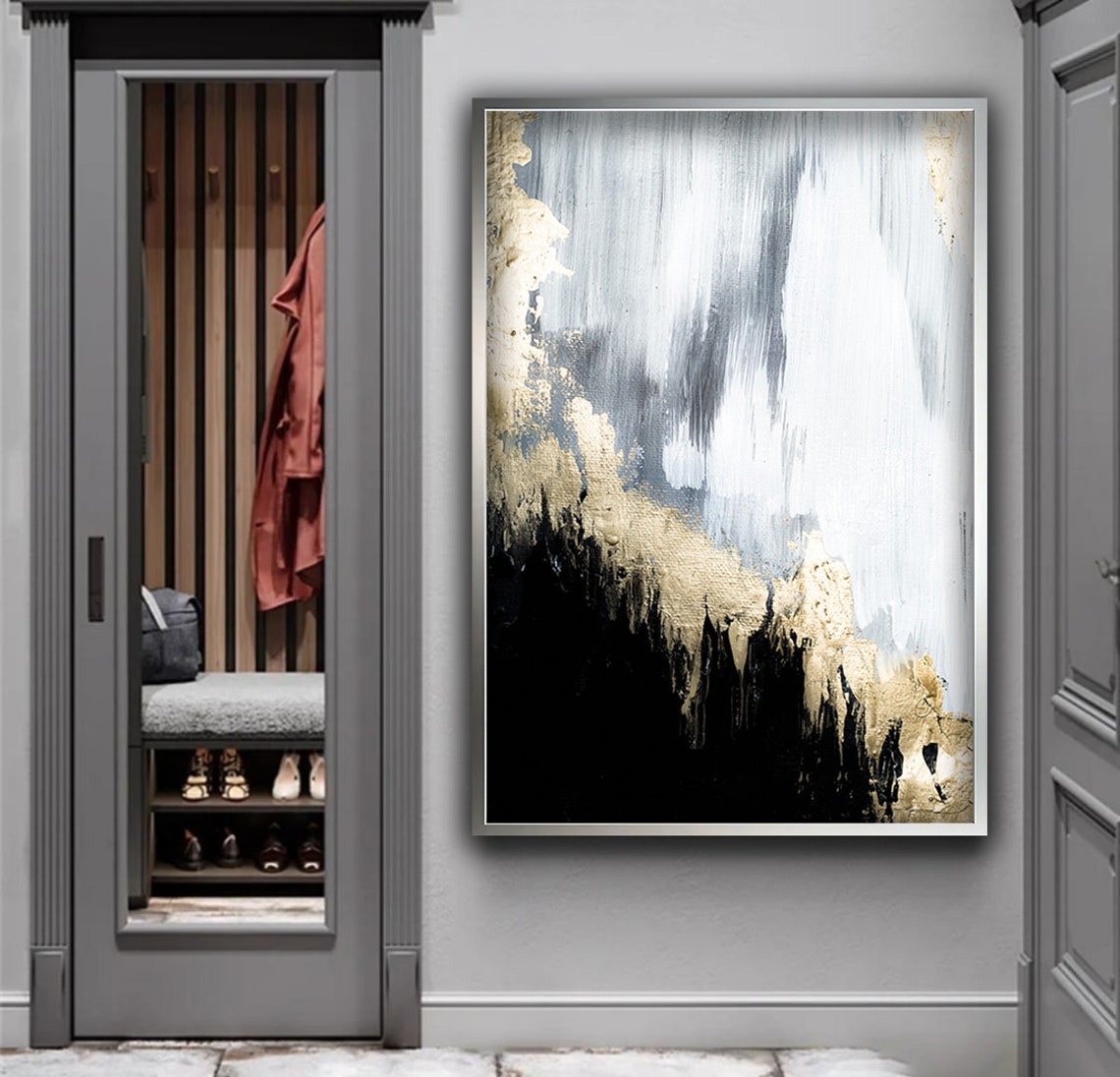 Black Gold and White Abstract Brushstroke Contemporary Art Print - Image 5