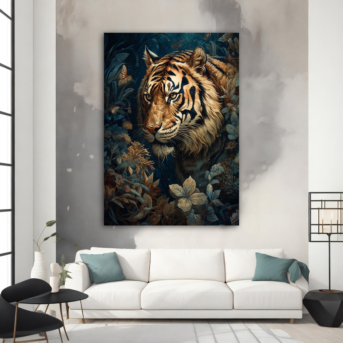 Tiger in Jungle Flowers Butterflies Dark Botanical Animal Poster - Image 4