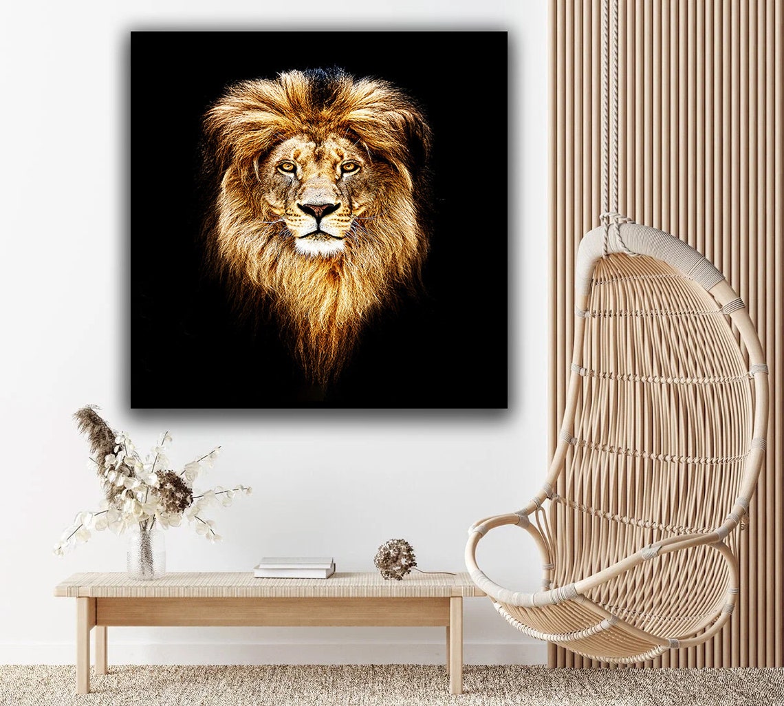 Majestic Lion Portrait Golden Mane Black Background Photo Art Poster - Image 2