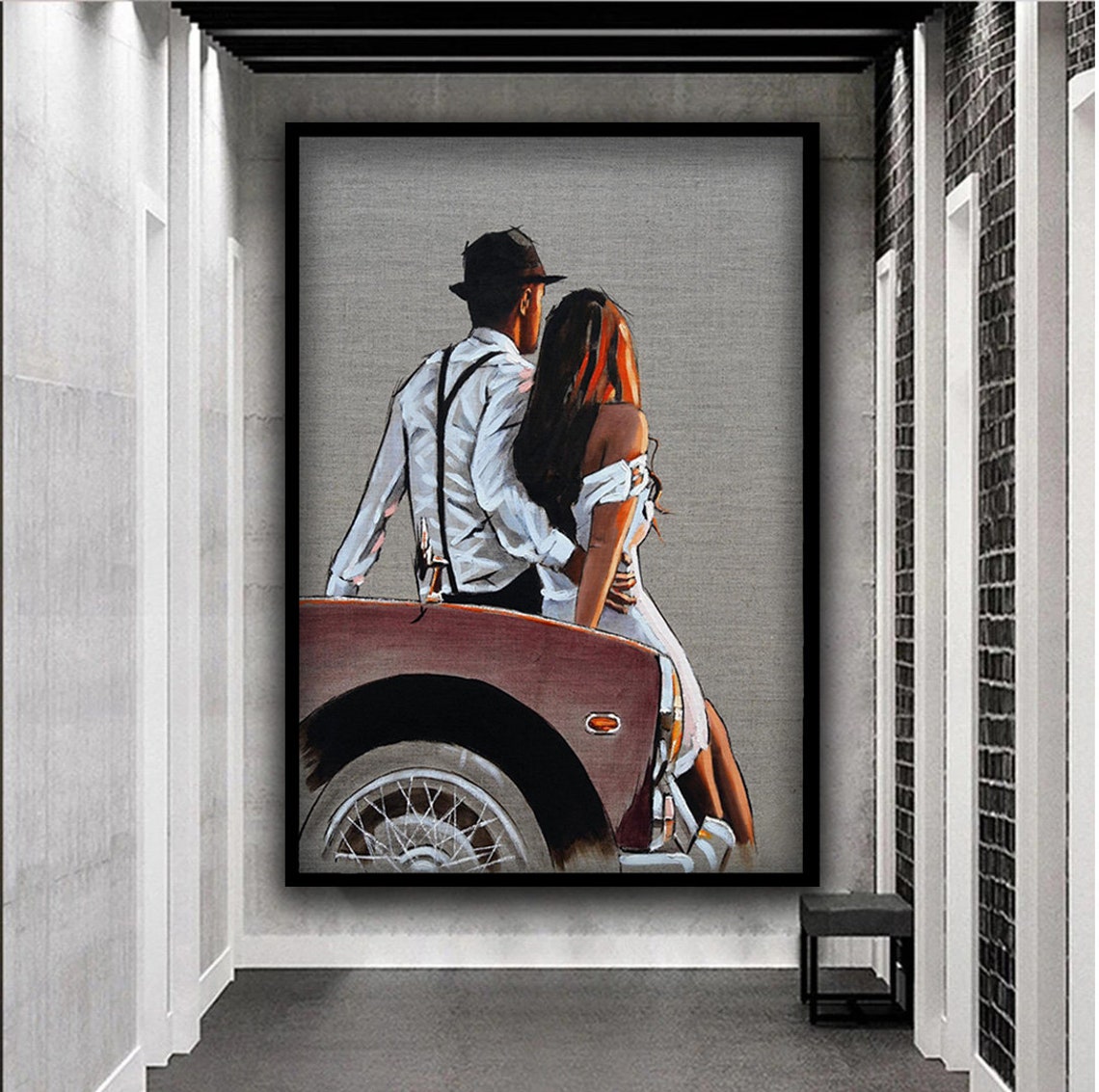 Retro Style Couple Leaning on Vintage Red Car Romantic Art Print - Image 4