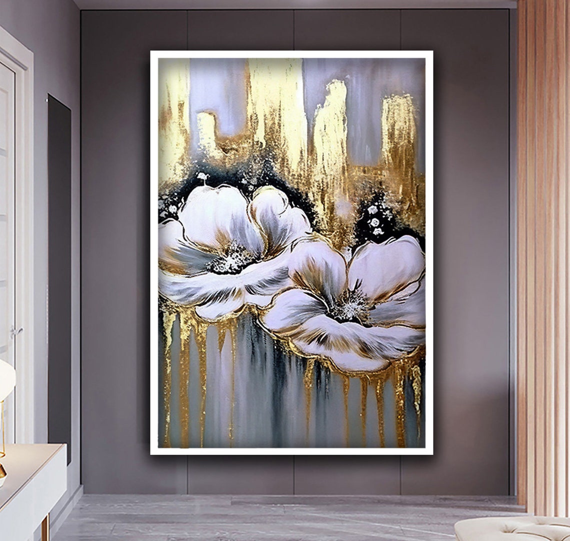 White And Gold Floral Art Grey Background Blooming Flower Poster - Image 2
