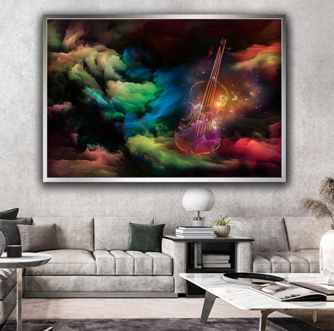 Glowing Violin Cosmic Nebula Neon Cloud Music Lover Wall Art Print - Image 3
