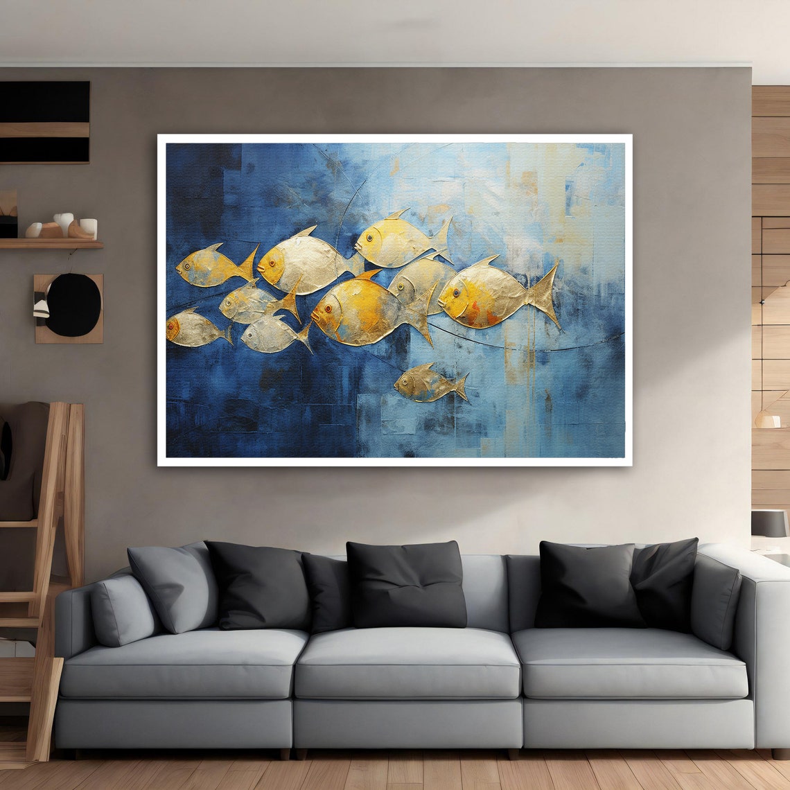 School of Golden Fish Swimming on Deep Blue Abstract Sea Art Poster - Image 3