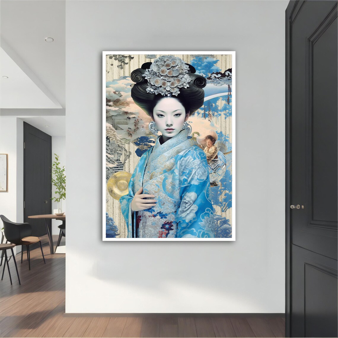 Geisha in Blue Kimono Japanese Floral Hair Ornament Art Poster