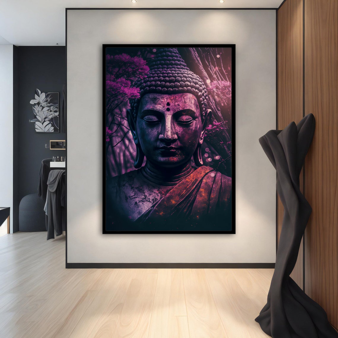 Purple Moonlit Buddha Statue Head Cherry Blossom Zen Meditation Poster - Image 5
