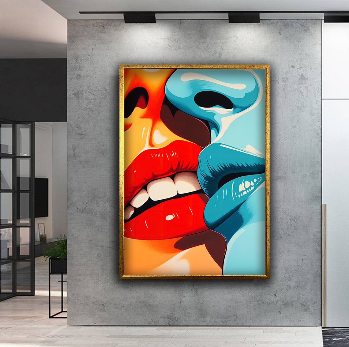 Retro Pop Art Kissing Couple Red Lips Bold Comic Style Wall Poster - Image 2